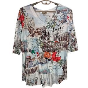 One World Cityscape Tunic Top 1X Artsy Boho Lagenlook Sharkbite Hem Bohemian